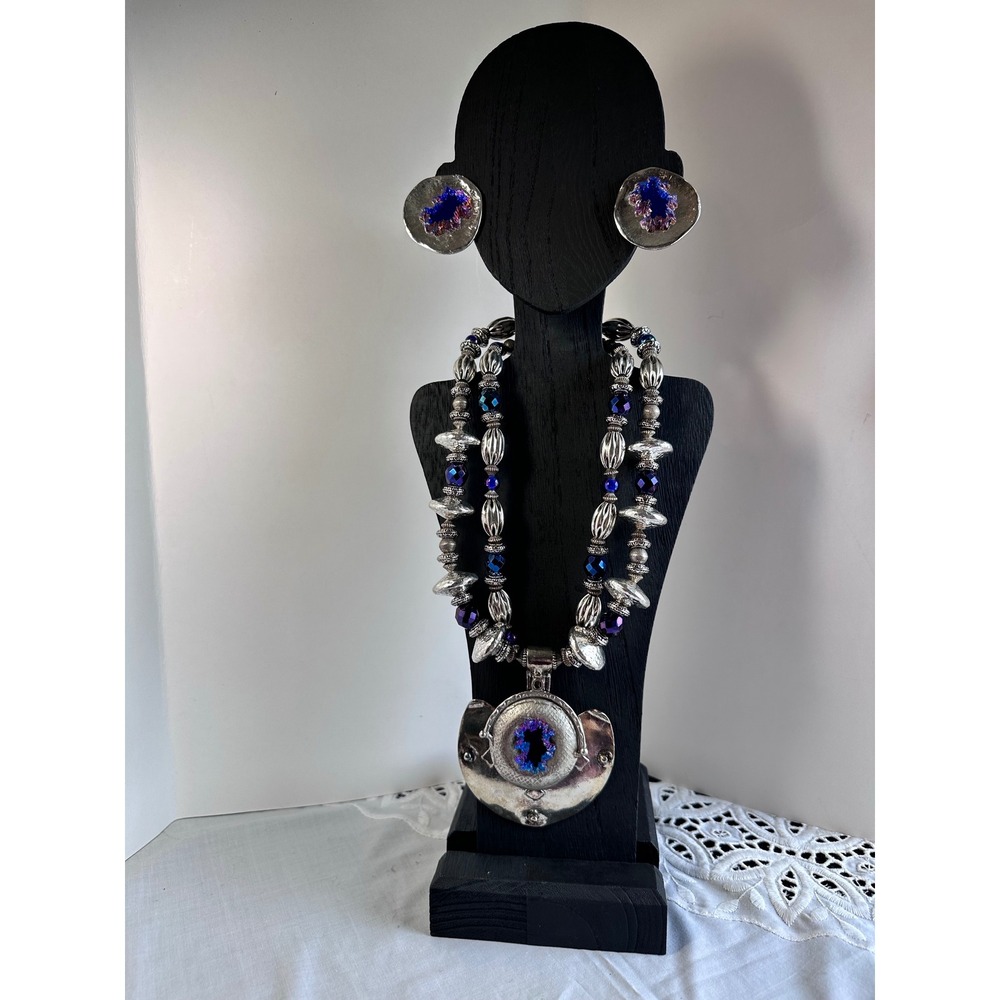 Anthony Alexander Runway Silvertone‎  Art Glass Statement Necklace Earrings Set
